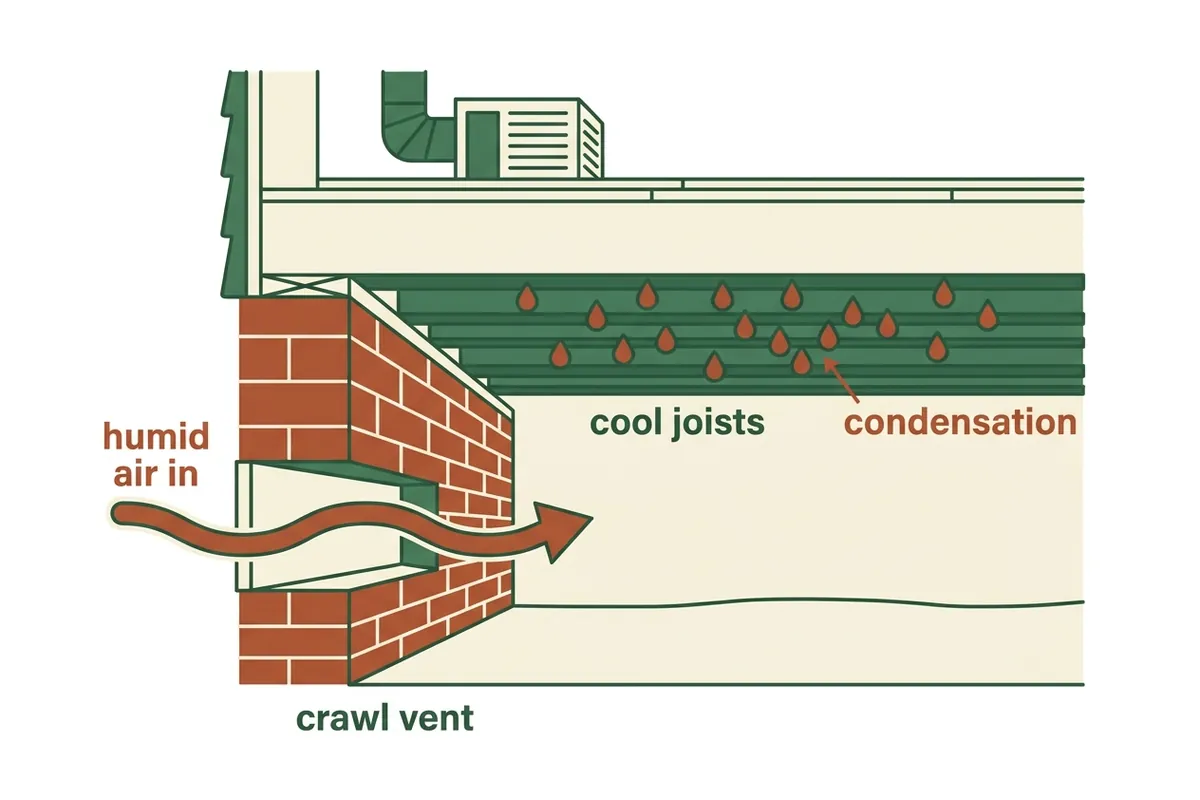 Diagram: humid outdoor air entering a vented crawl space and condensing on cool framing