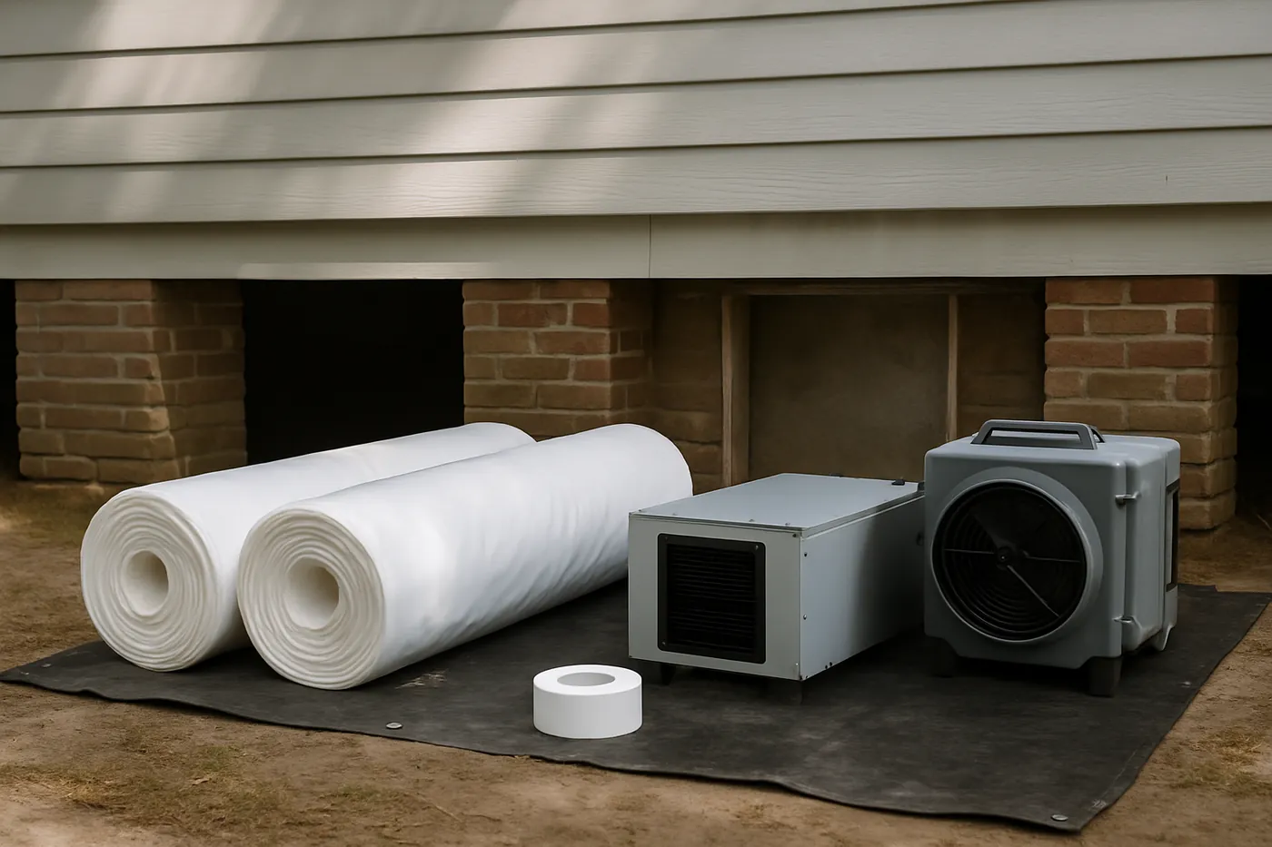 HEPA air scrubber and dehumidifier staged for a crawl space mold job in Charleston