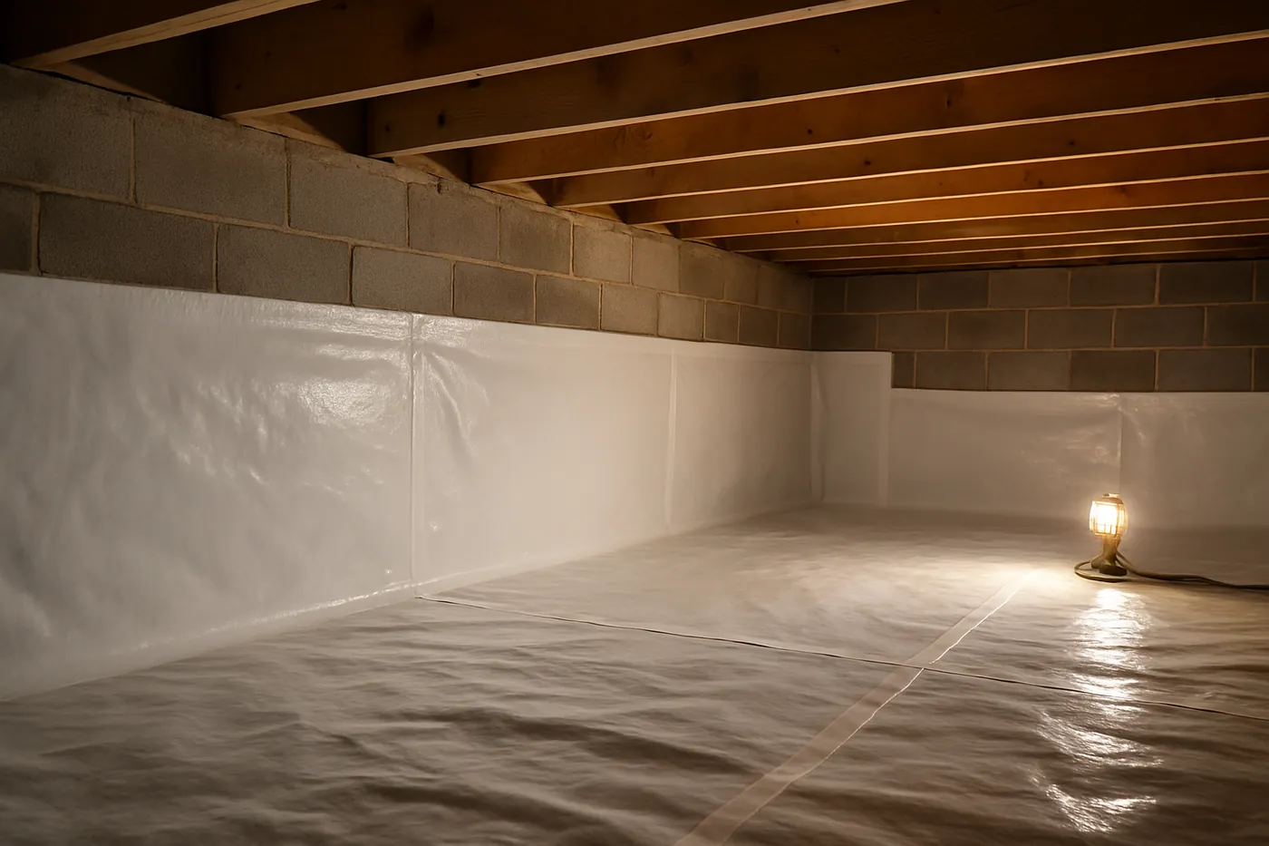 Vapor barrier and sealed crawl space encapsulation installed under a Lowcountry home